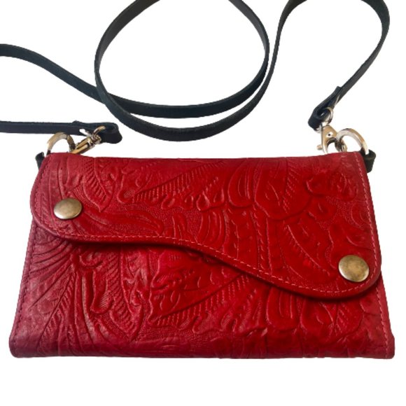 KAHLILA Red Tooled Leather Crossbody Wallet Purse Bag - Picture 9 of 16